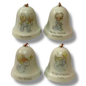Vintage Set of 4 Precious Moments by Enesco Porcelain Bell Christmas Ornaments